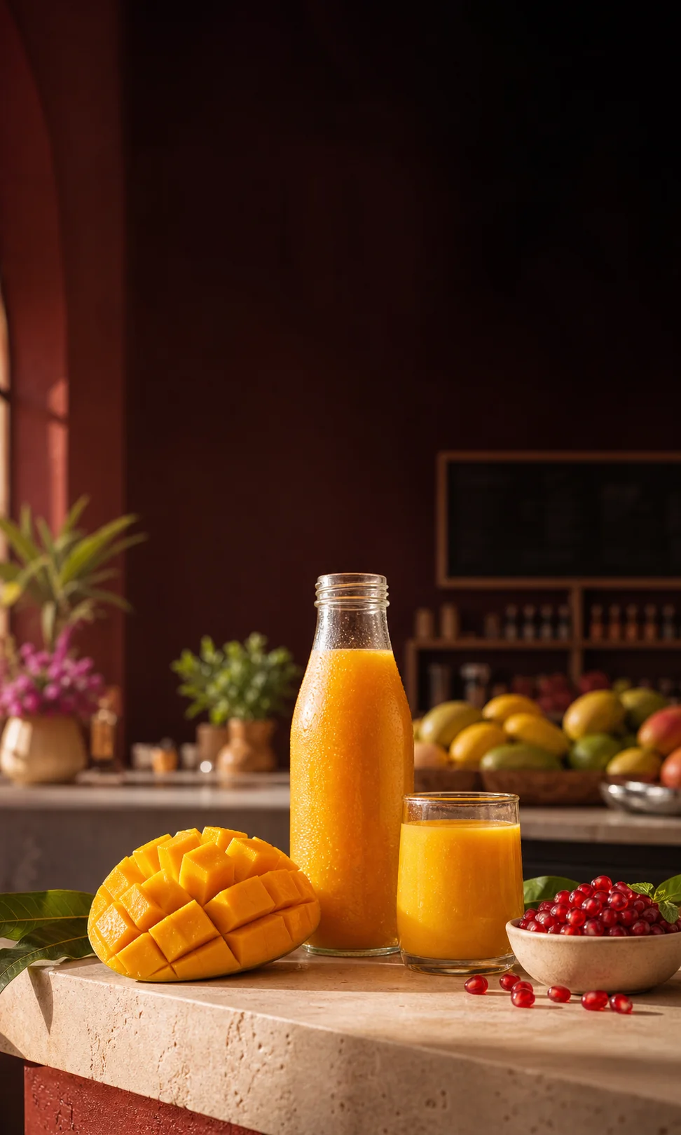 A chilled mango juice bottle with ripe Alphonso mango and pomegranate at a warm Bocco fruit bar