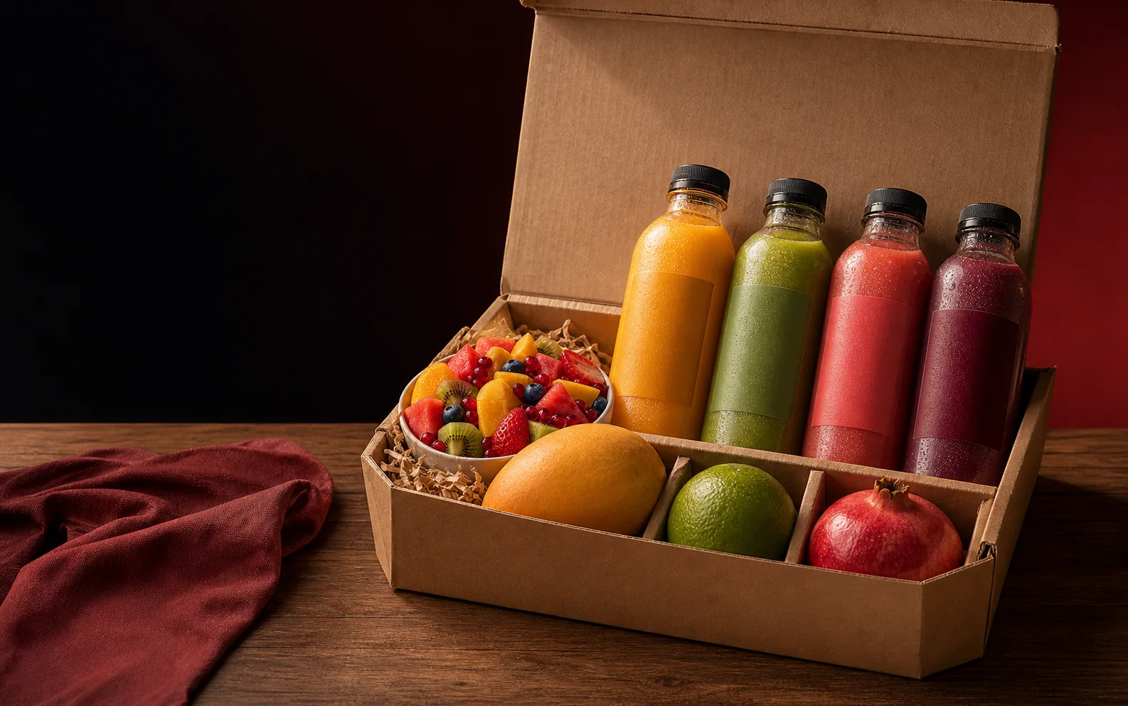 A Golden Pass box with four fresh juices and seasonal fruit