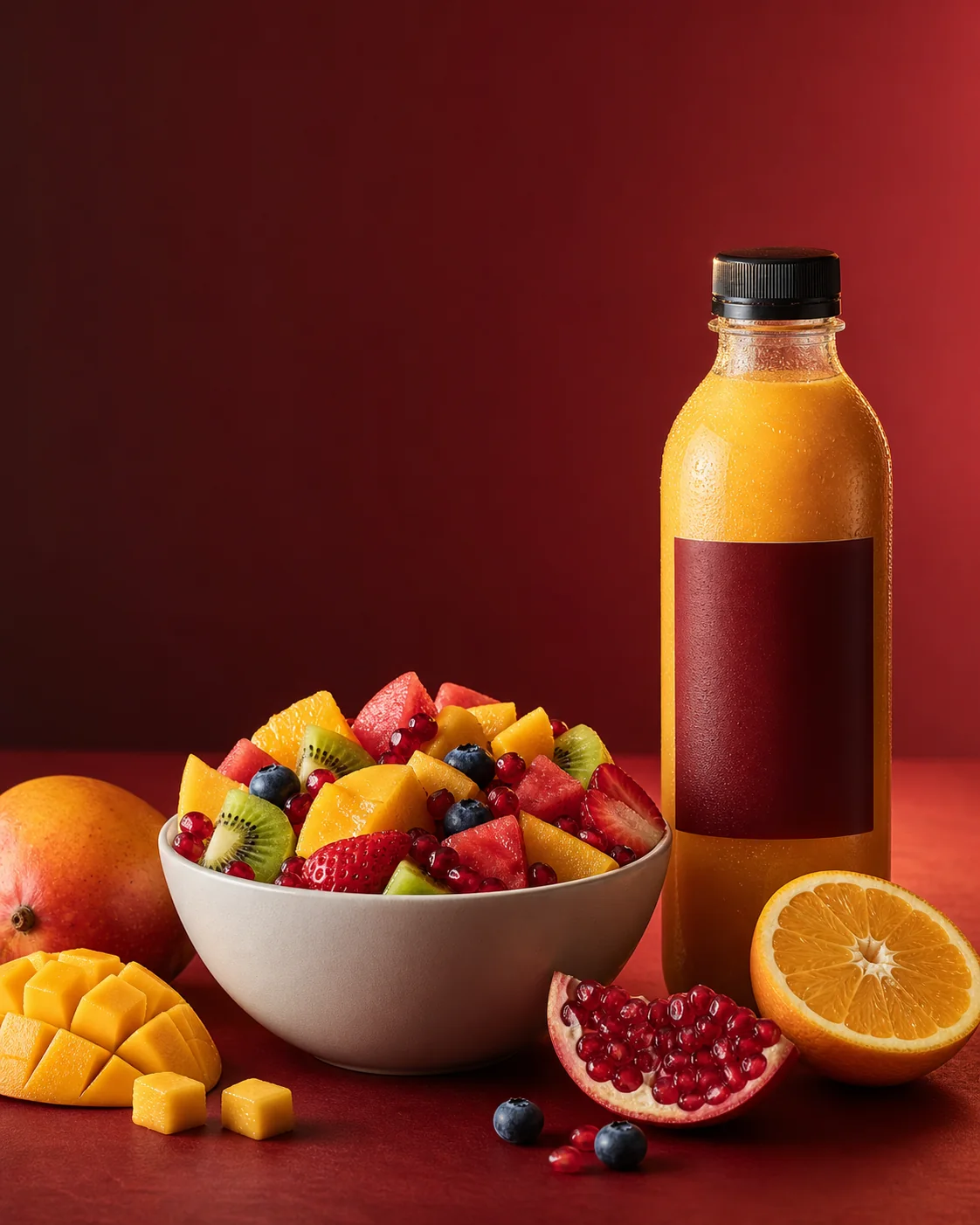 A fresh seasonal fruit bowl and chilled juice