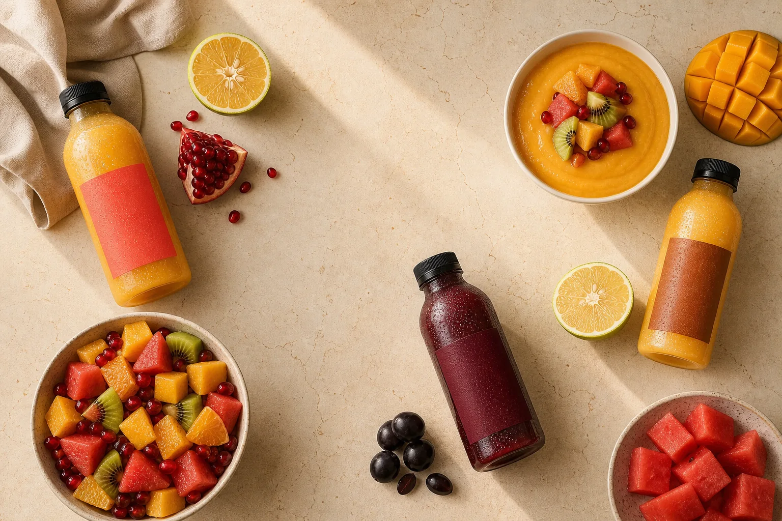 An overhead spread of fresh juices, mango smoothie and seasonal fruit bowls