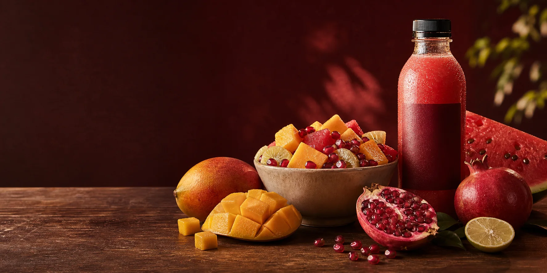Fresh mango, watermelon and pomegranate with a chilled ruby cold-pressed juice and fruit bowl